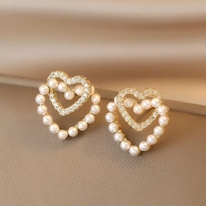 Women's Heart Flower Bow Knot Pearl Rhinestone Earrings - Daily Wear Irregular Design- Double Love Pearl