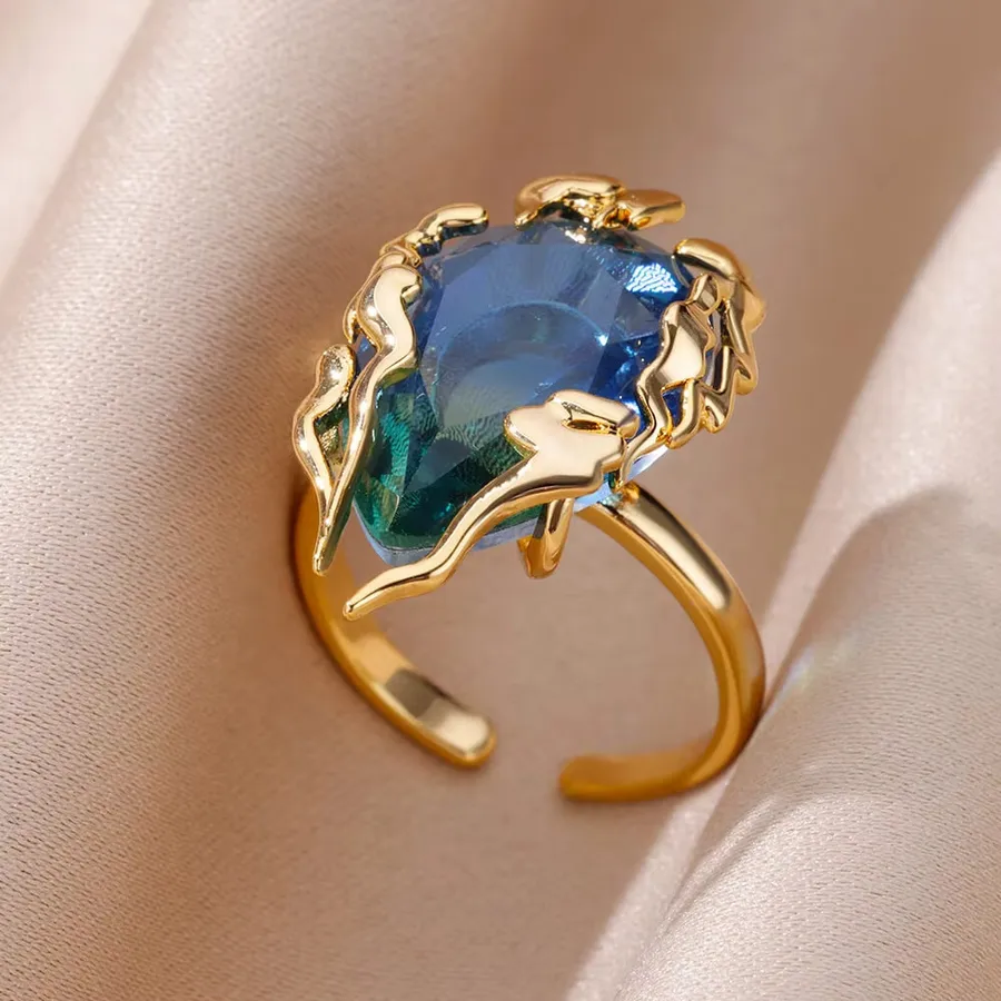 304 Stainless Steel Copper PVD Coated - Gold Blue Irregular Ring