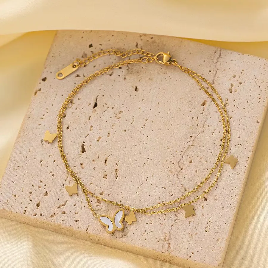 Women's Stainless Steel Heart Anklet 18K Gold Plated PVD Coated Butterfly Shell