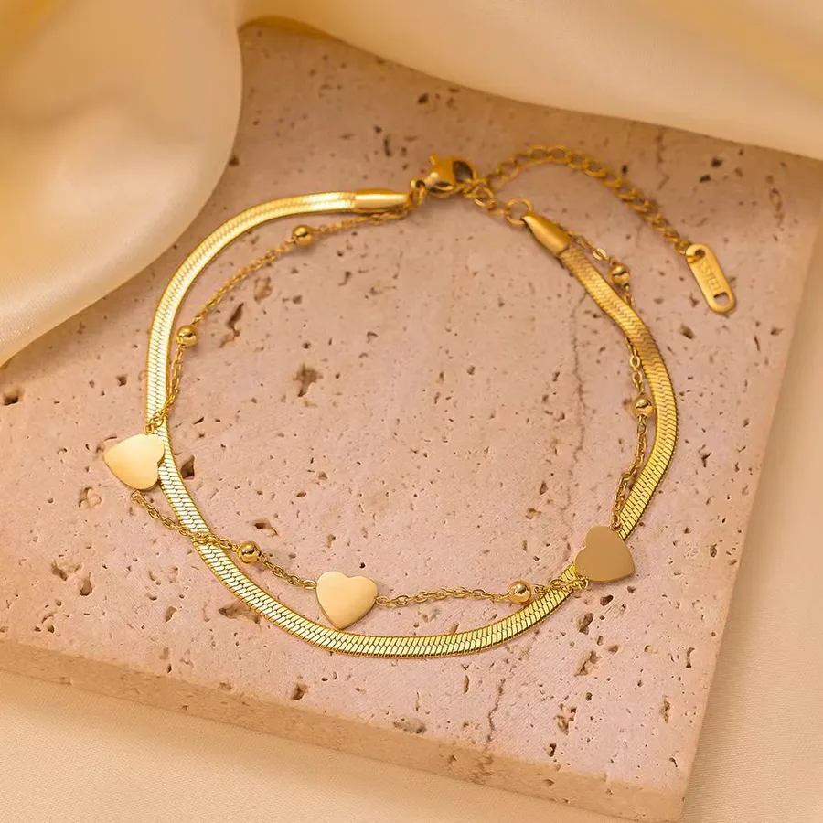 Women's Stainless Steel Heart Anklet 18K Gold Plated Double Chain - Three Love Double Chain Anklet Gold