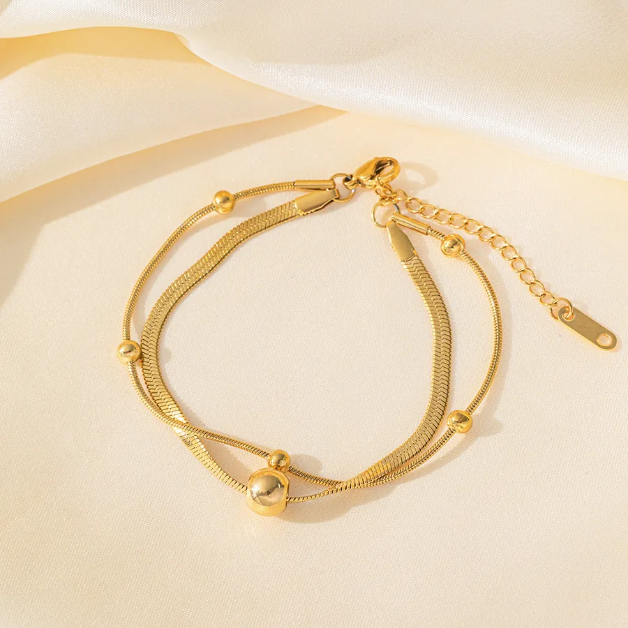 Women's Stainless Steel Heart Anklet 18K Gold Plated PVD Coated - round Beads Blade Double Chain Anklet Gold