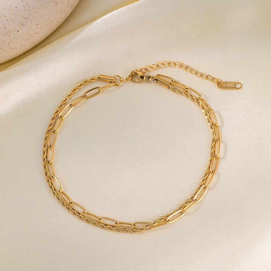 Women's Stainless Steel Heart Anklet 18K Gold Plated PVD Coated - Cross Hemp Flowers Chain Anklet Gold