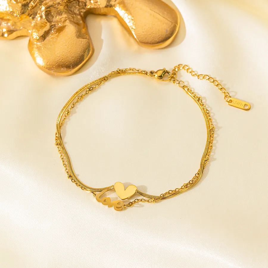 Women's Stainless Steel Heart Anklet 18K Gold Plated PVD Coated - Double-Layer Letter Love Anklet Gold
