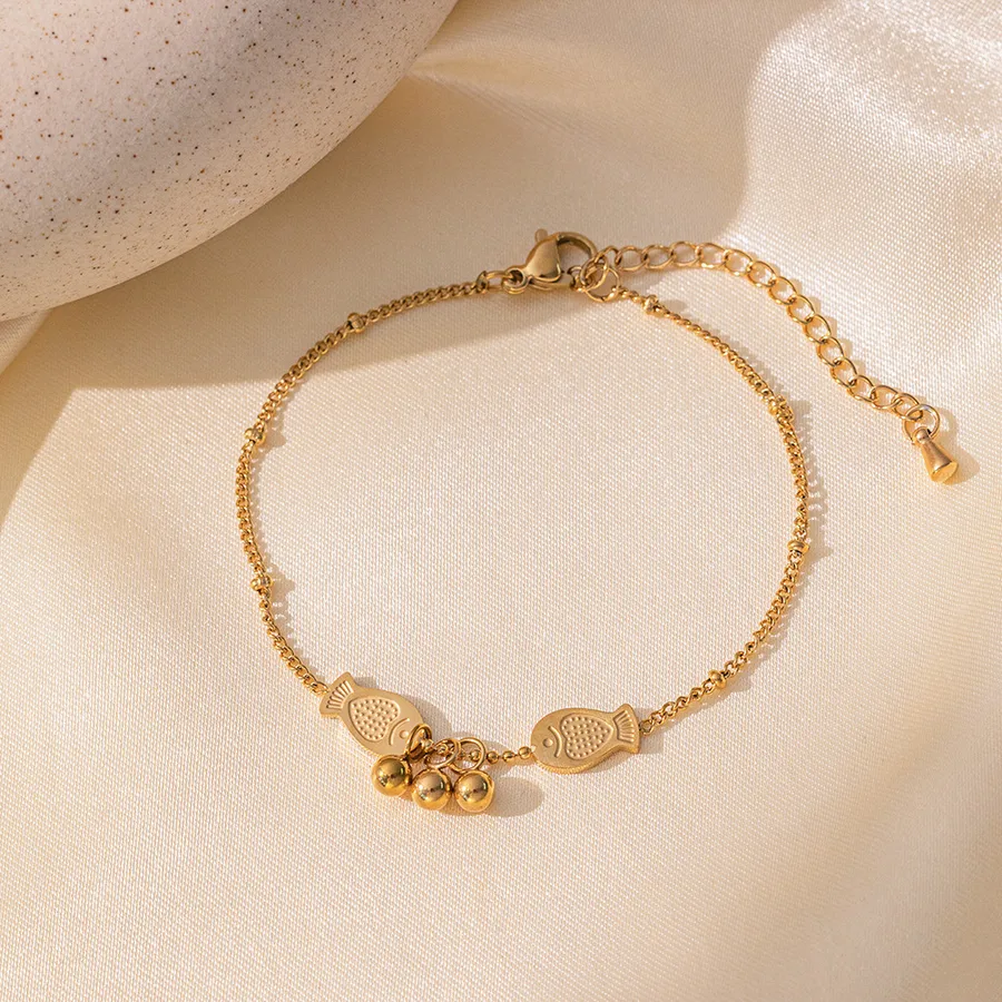 Women's Stainless Steel Heart Anklet 18K Gold Plated PVD Coated - Double Fish Anklet Gold