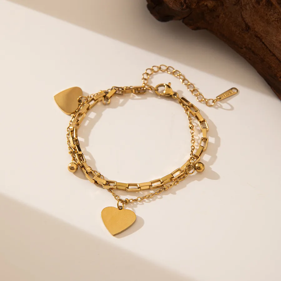 Women's Stainless Steel Heart Anklet 18K Gold Plated PVD Coated - Double-Layer Peach Heart Anklet Gold