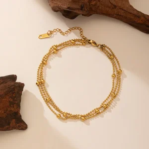 Women's Heart Shape 304 Stainless Steel Anklet - PVD Coated Gold Plated - 7 Three-Layer Beads Chain Anklet Gold