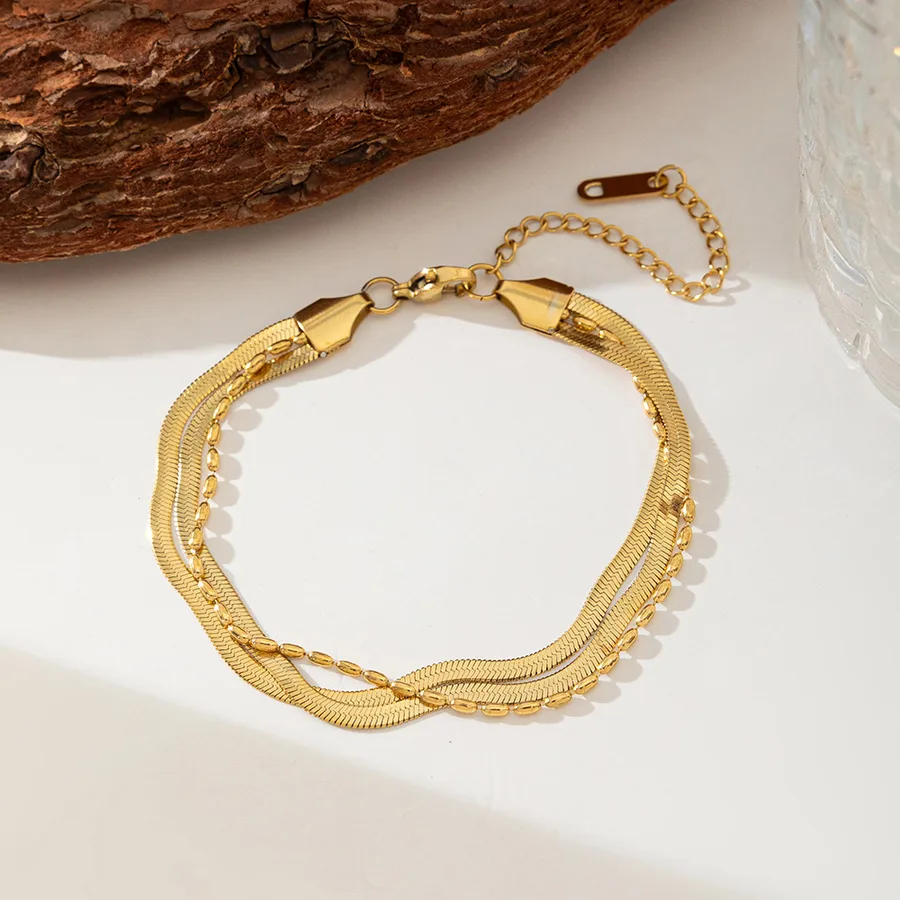Women's Stainless Steel Heart Anklet 18K Gold Plated PVD Coated - Blade Bead Three Chain Anklet Gold