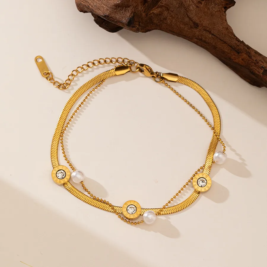 Women's Stainless Steel Heart Anklet 18K Gold Plated PVD Coated - Double-Layer Pearl Roman Anklet Gold