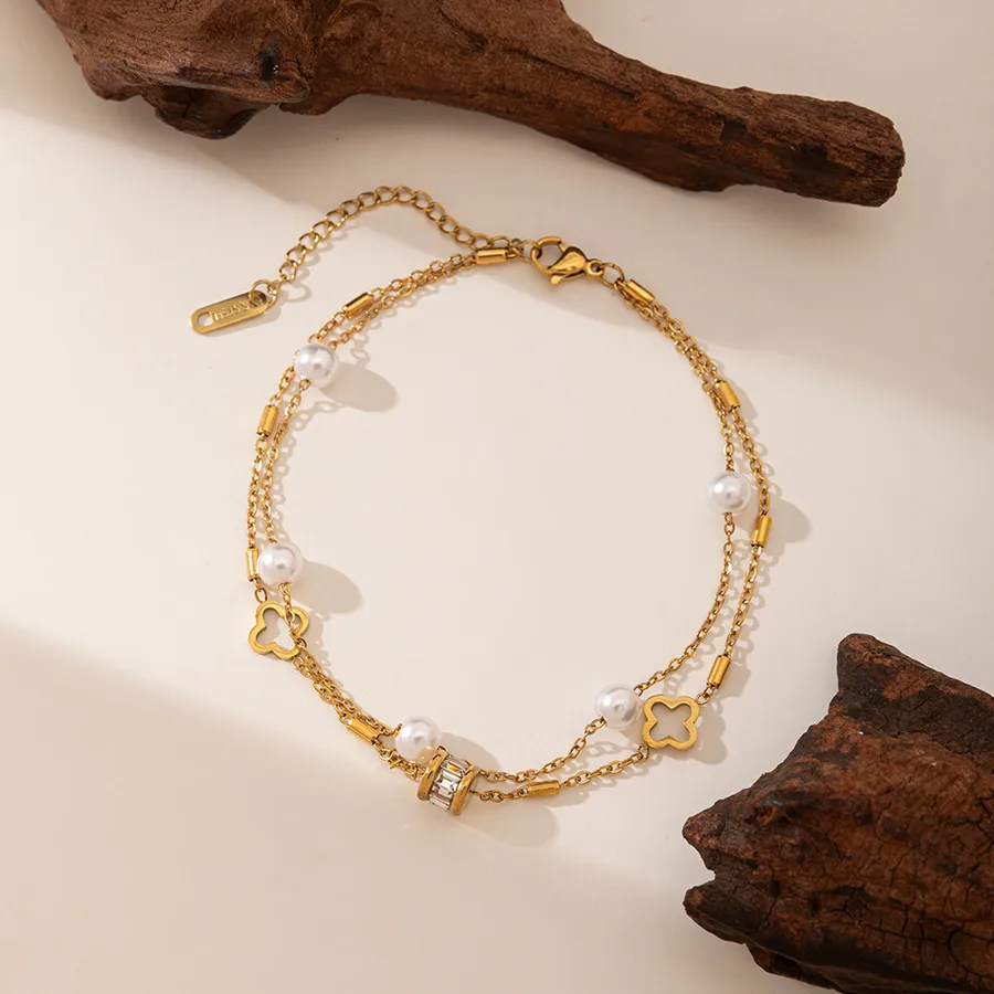 Women's Stainless Steel Heart Anklet 18K Gold Plated PVD Coated - Pearl Hollowed-out Flower Anklet Gold