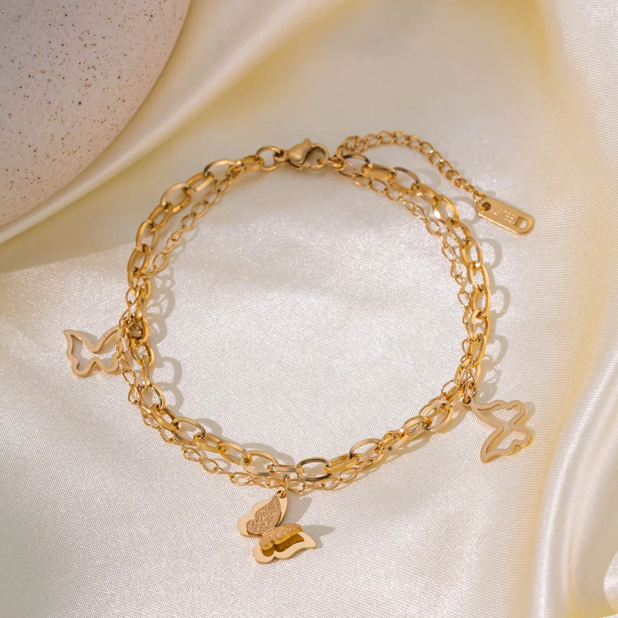 Women's Stainless Steel Heart Anklet 18K Gold Plated PVD Coated Butterfly Design
