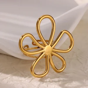 Unisex Floral Waterproof Stainless Steel Weekly Rings - Gold Petal Outline Ring