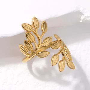 Women's Geometric Leaf Heart Shape 304 Stainless Steel Retro Open Ring - Adjustable Gold Plated