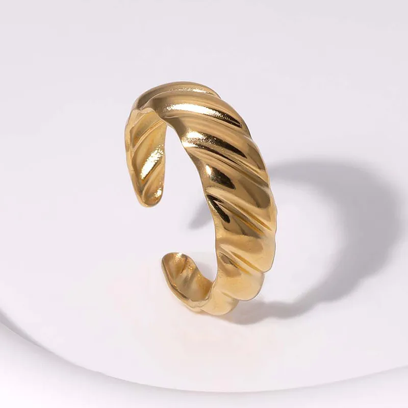 Women's Geometric Leaf Heart Stainless Steel Open Ring - 18K Gold Plated Retro Waterproof