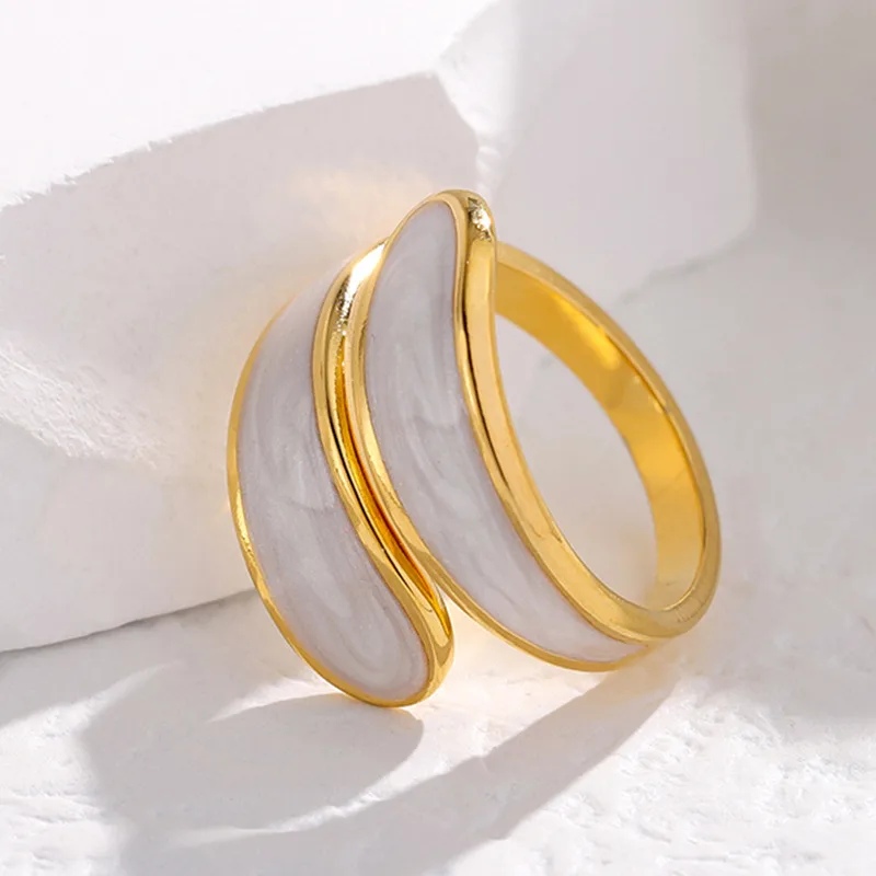 Women's Geometric Leaf Heart Shape 304 Stainless Steel Open Rings - PVD Coated 18K Gold Plated Waterproof Non Tarnish - JR285-Pearlescent White