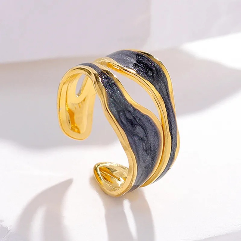 Women's Geometric Leaf Heart Shape 304 Stainless Steel Gold Plated Open Ring - Retro Waterproof Non Tarnish - Adjustable - Pearly black