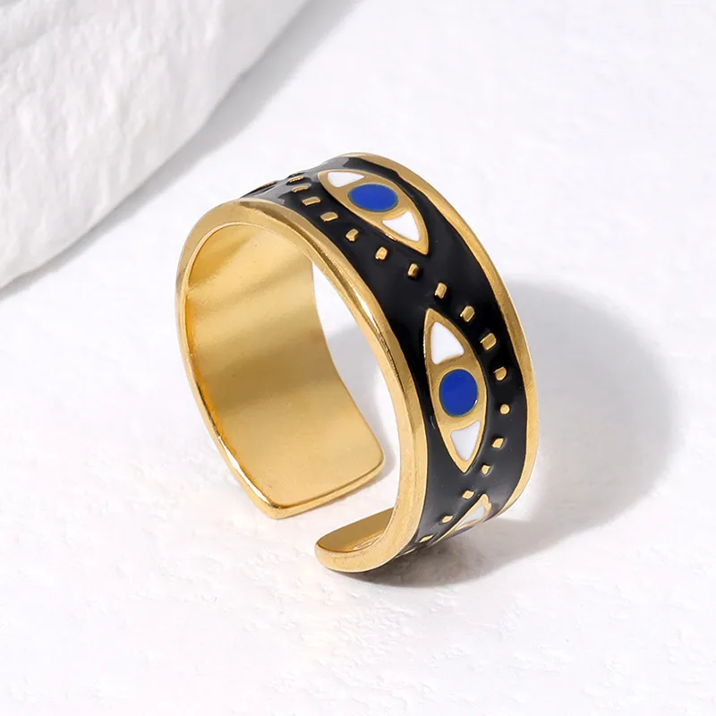 Women's Geometric Leaf Heart Shape 304 Stainless Steel Gold Plated Open Ring - Retro Waterproof Non Tarnish, Adjustable - -Black