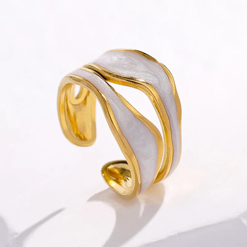 Women's Geometric Leaf Heart Shape 304 Stainless Steel Retro Gold Open Ring - Pearlescent White