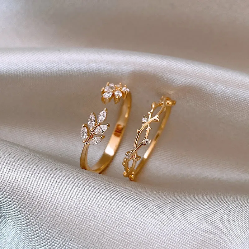 Women's Copper Heart Crown Flower Pearl Zircon Adjustable Open Ring