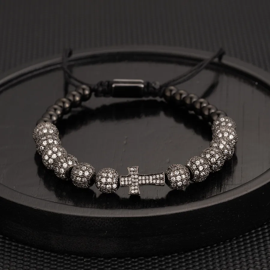 Retro Fruit Zirconium Stainless Steel Men's Beaded Bracelet - Black Cross Ball