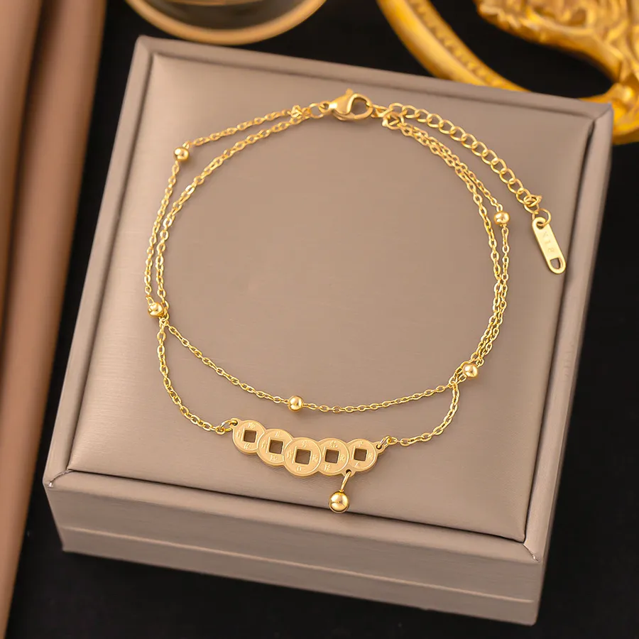Women's Stainless Steel Heart Anklet - Gold Plated Waterproof PVD Coated - Copper Coin Anklet Gold