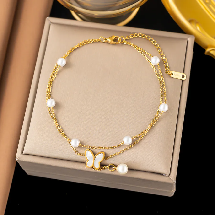 Women's Stainless Steel Heart Anklet Gold Plated Waterproof Butterfly Pearl - Holiday Travel Daily