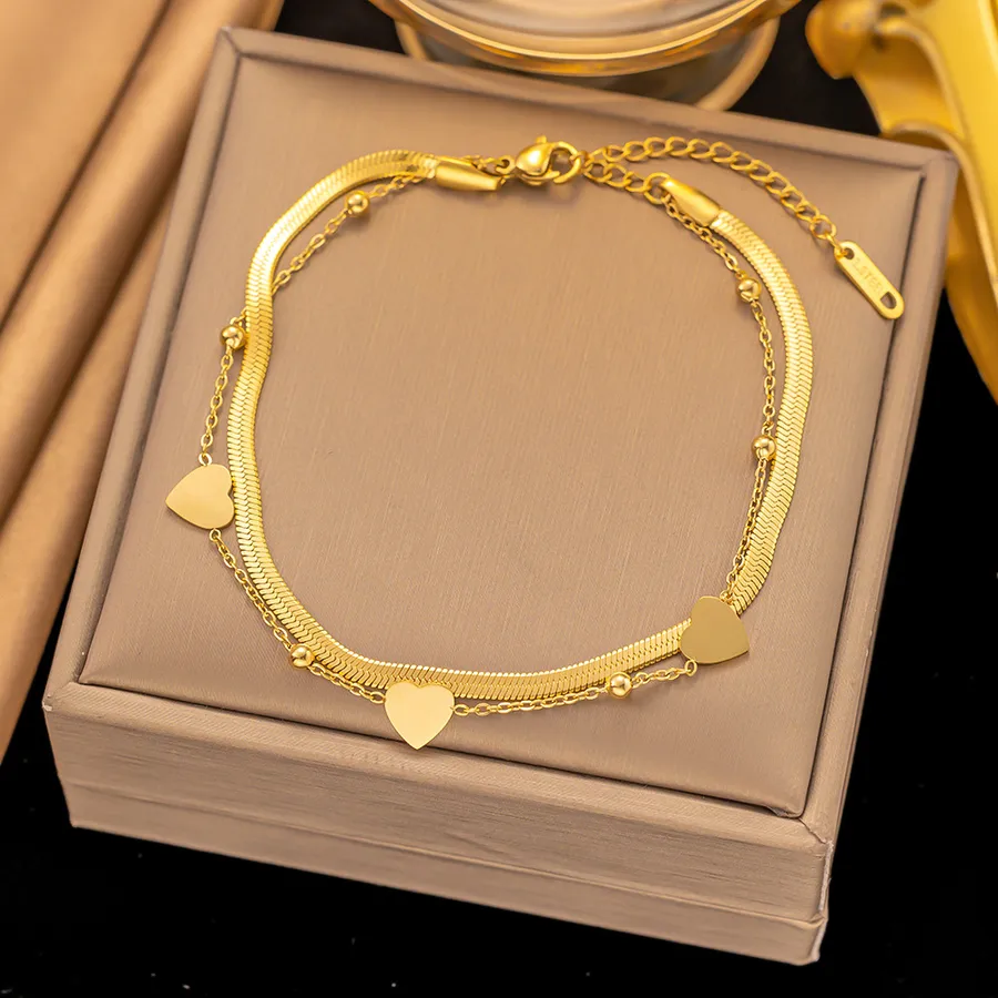 Women's Stainless Steel Heart Anklet Gold Plated Waterproof Non Tarnish - Loving Heart Design