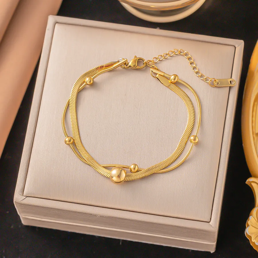 Women's Stainless Steel Heart Anklet - Elegant Streetwear Waterproof Gold Plated- Beads Blade Double Chain