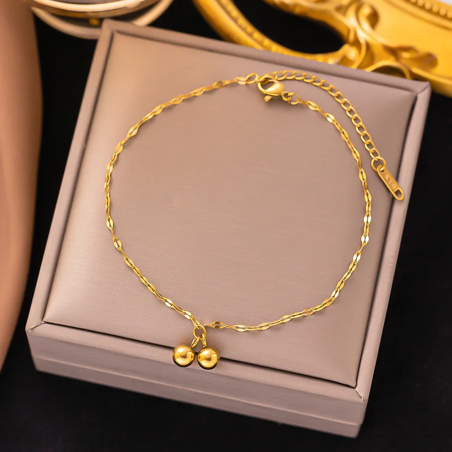 Women's Stainless Steel Heart Anklet - Gold Plated Waterproof Non Tarnish- Two Ball Anklets Gold