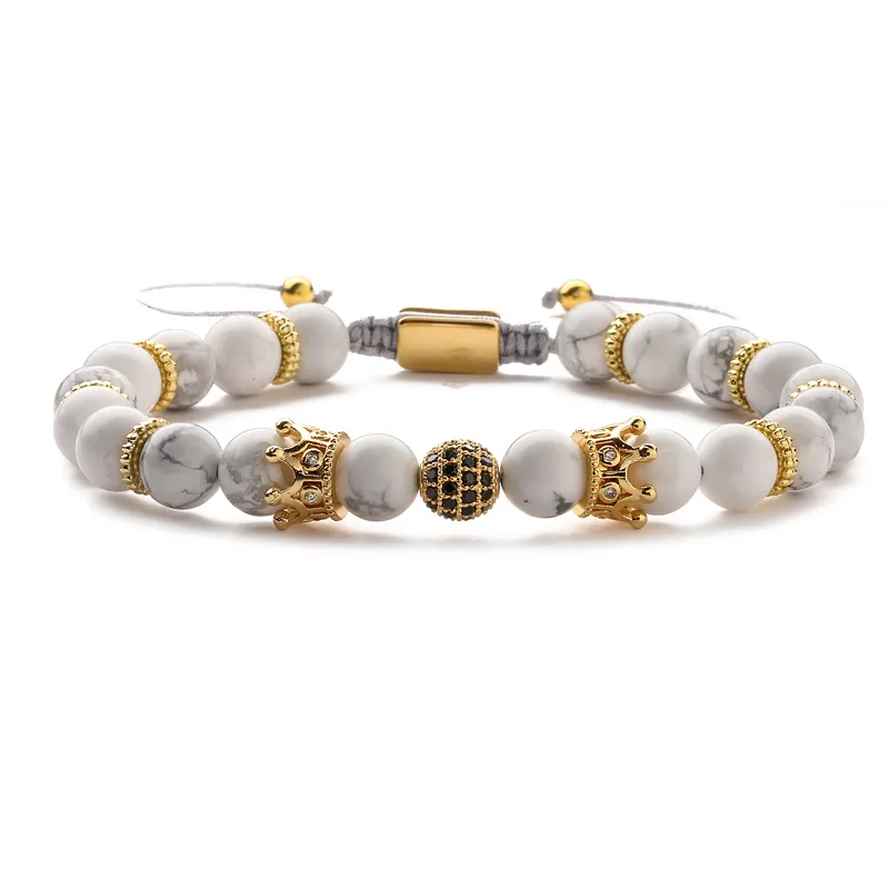 Men's Geometric Zircon Inlay Howlite Tiger Eye Beaded Bracelet