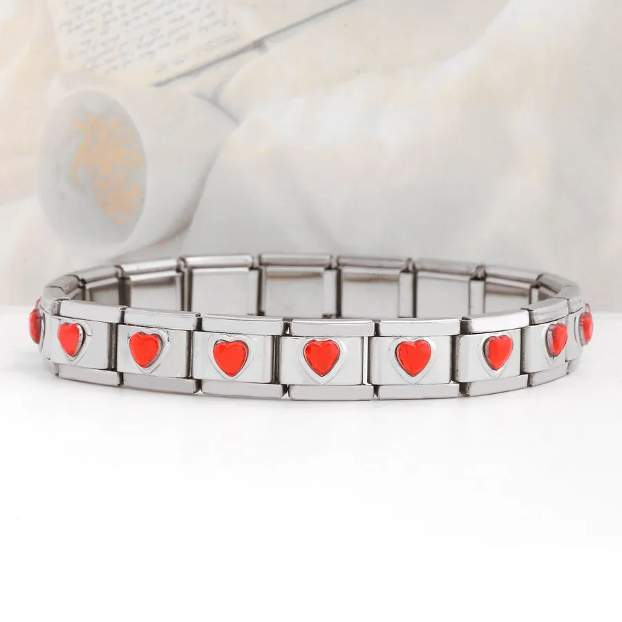 Unisex Bracelet Stainless Steel Heart Shape Handmade Red Gem 18 Sections
