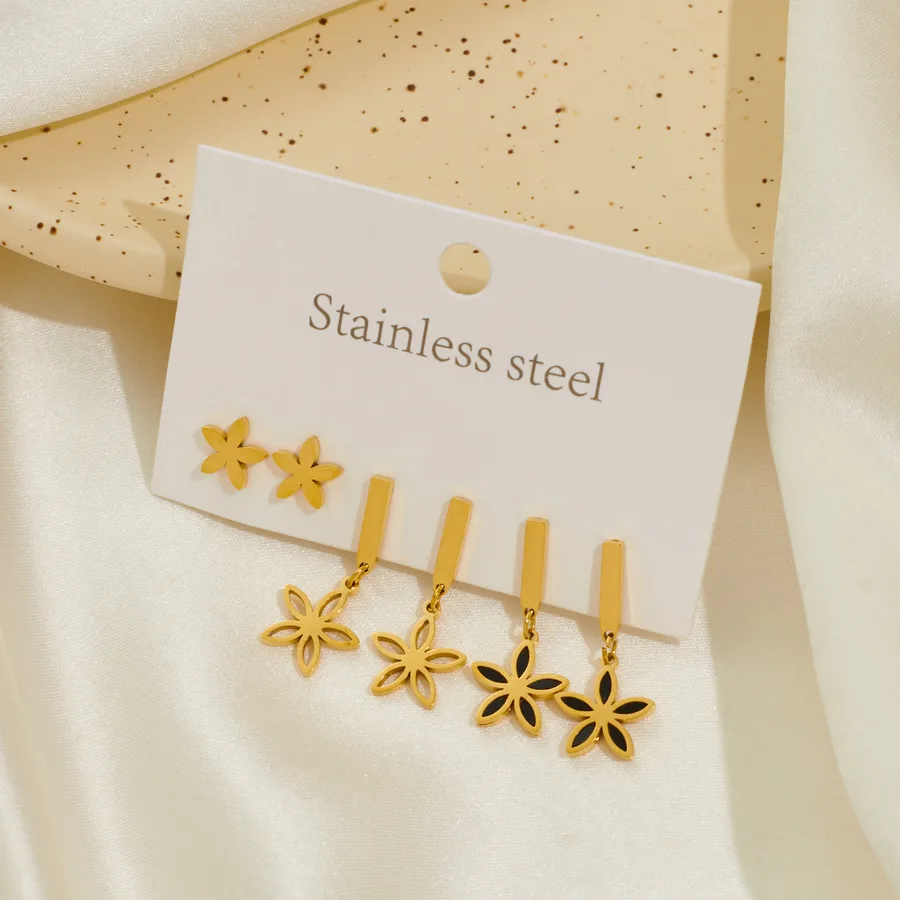 Women's Stainless Steel Star Heart Bow Knot Drop Earrings 18K Gold Plated - Five Leaves Flower Set