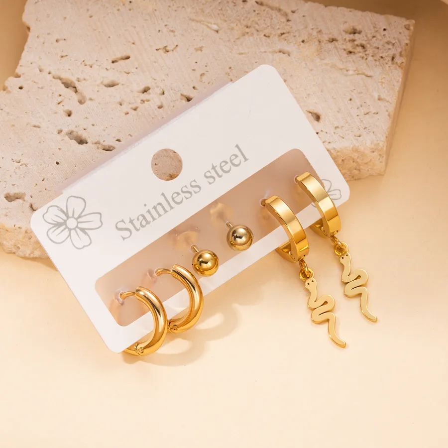 Women's Stainless Steel Star Heart Bow Knot Drop Earrings - 18K Gold Plated - Snake Pendant Suit