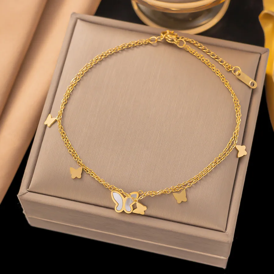 Women's Stainless Steel Four Leaf Clover Heart Butterfly Anklet Gold - Double Layer White Shell Butterfly