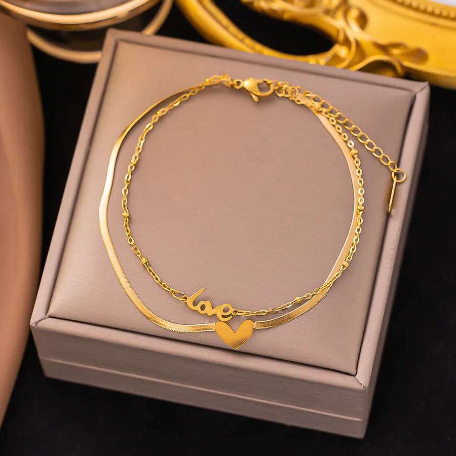 Women's Stainless Steel Four Leaf Clover Heart Butterfly Anklet - Gold Plated Acrylic Rhinestones -Double Layer Love