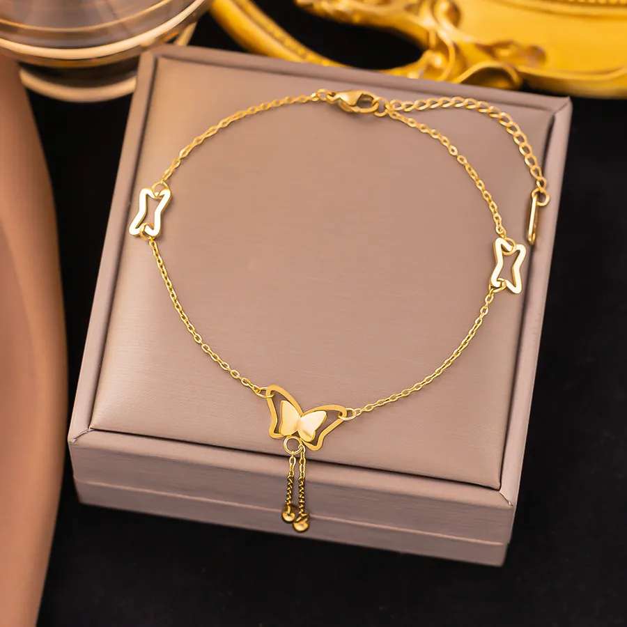 Women's Stainless Steel Four Leaf Clover Heart Butterfly Anklet - Gold Plated Acrylic Rhinestones Butterfly Shape