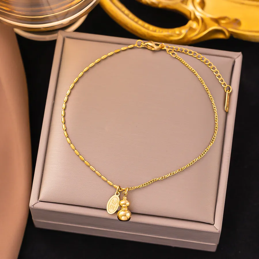 Women's Stainless Steel Four Leaf Clover Heart Butterfly Anklet - Gold Plated Acrylic Rhinestones - Gourd Anklet Gold