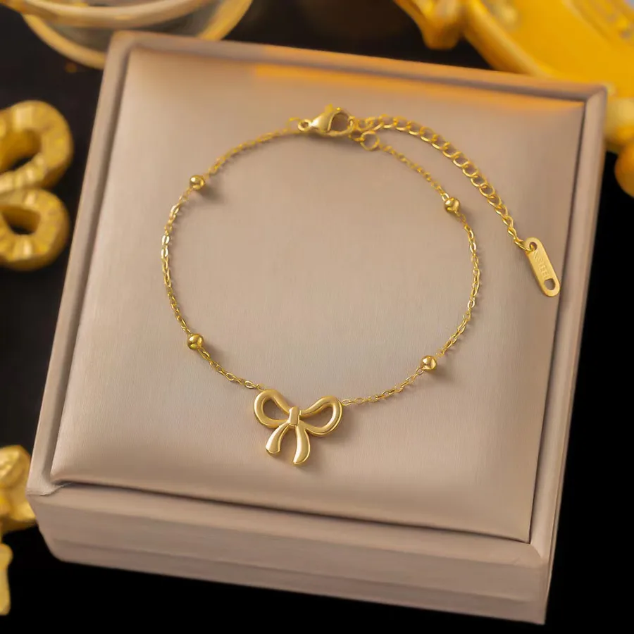 Women's Stainless Steel Four Leaf Clover Heart Butterfly Anklet - Bow Anklet Gold Plated