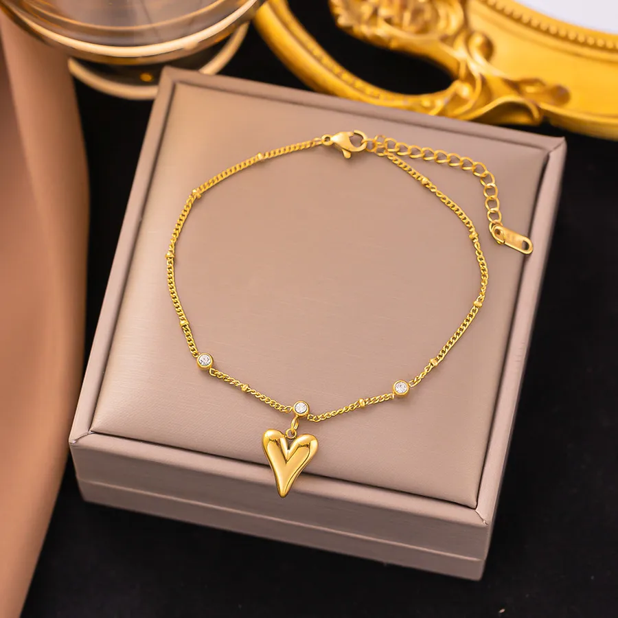 Women's Stainless Steel Four Leaf Clover Heart Butterfly Anklet - Gold Plated Acrylic Rhinestones